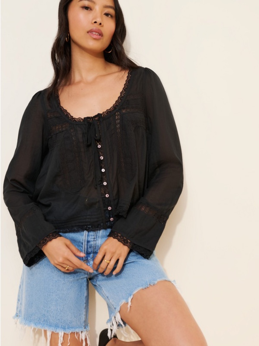 NWT Black Lace-Trim Blouse - Free People
